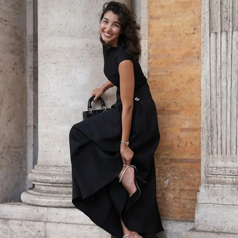 Elegant Oblique Collar Pleated A-line Dress Women Fashion Solid Sleeveless Slim Long Dresses Female 2024 New Evening Party Gowns