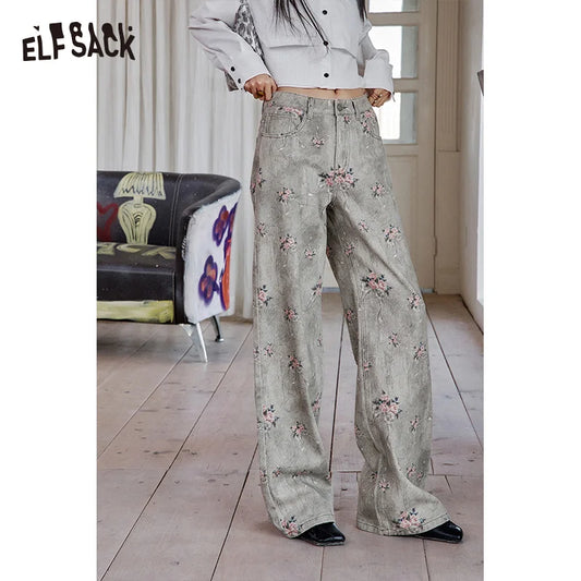 ELFSACK 2025 Spring New Arrivals Retro Flower Printed Wide Leg Cotton Jeans Women Loose Straight Pants