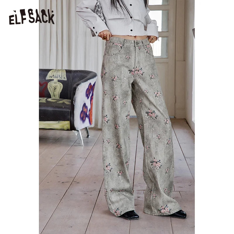 ELFSACK 2025 Spring New Arrivals Retro Flower Printed Wide Leg Cotton Jeans Women Loose Straight Pants