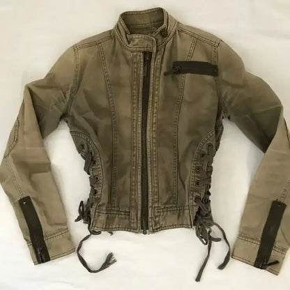Y2K Gothic Black Coat  Bomber Jacket Women Harajuku Vintage Turn Down Collar Denim Jacket Punk Diagonal Zipper Motorcycle Jacket