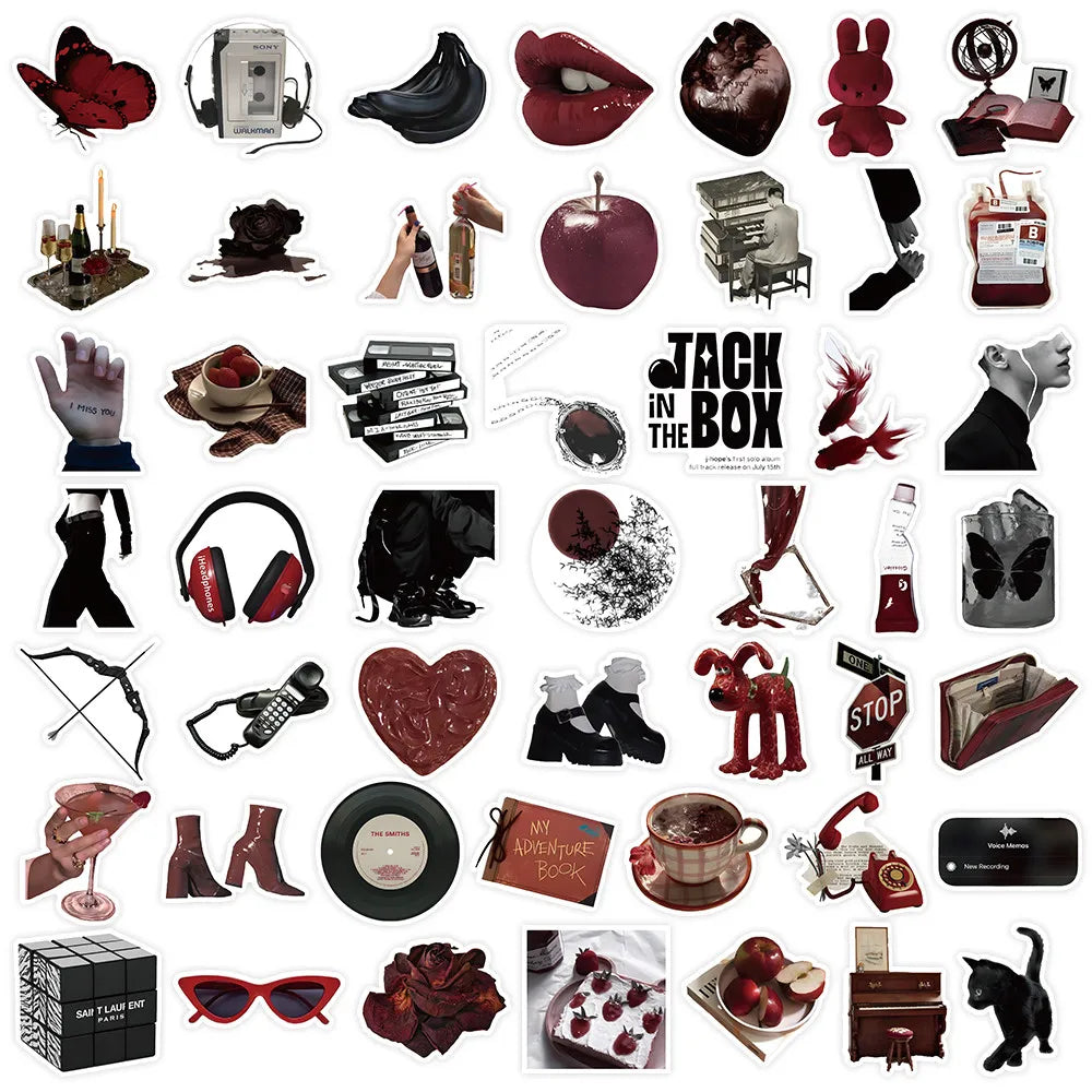 50 Pieces Red & Black Themed Stickers - Decorative Decals for Journals, Phone Cases & Laptops RecordingYourLife Store