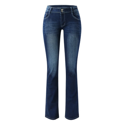 Womens Jeans Mid Waisted Straight Leg Long Pants Stretch Juniors Jeans Washed Back Pocket Embroidered Slim Fit Jeans For Women