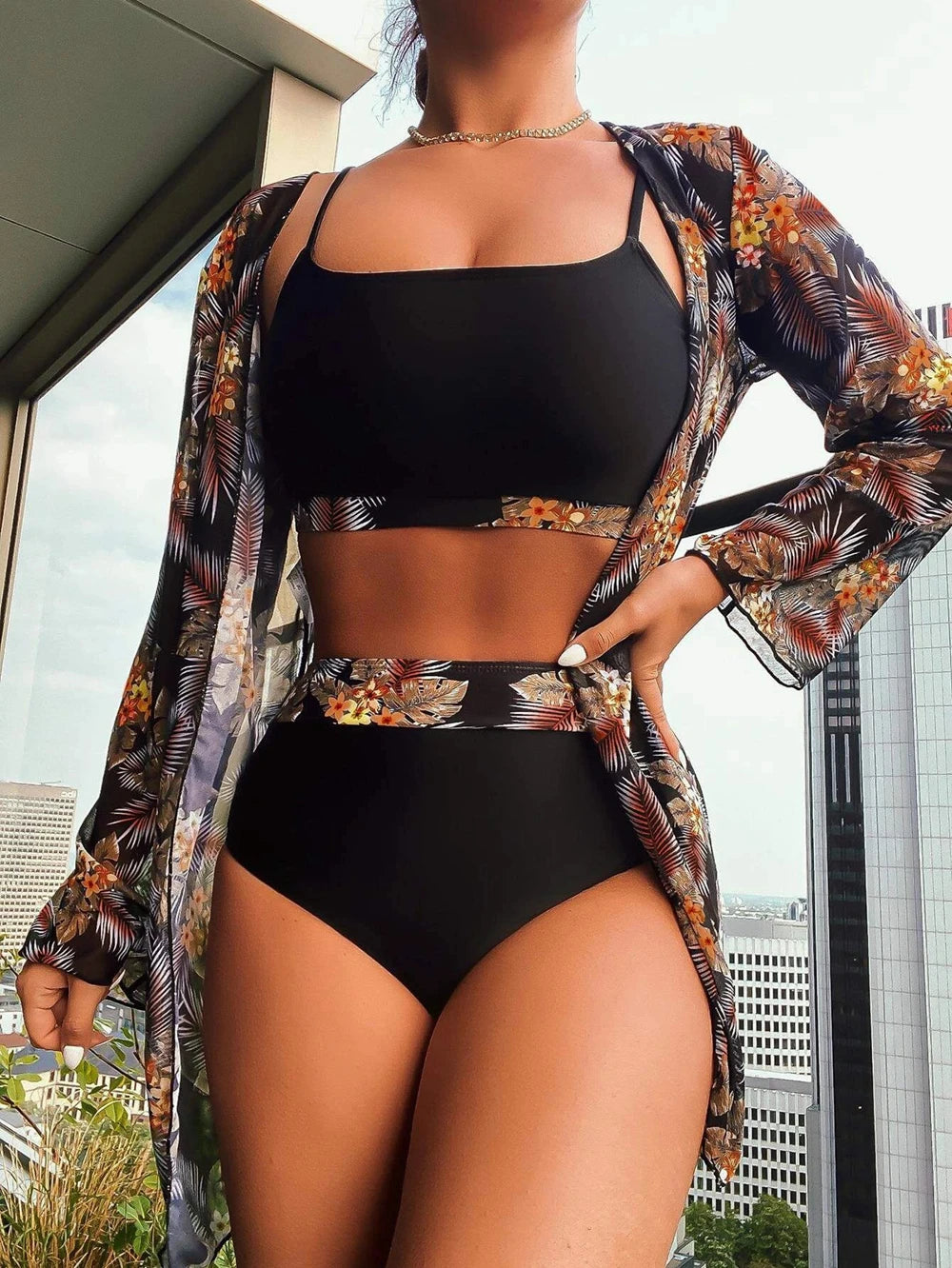 Hot Selling Women Bikini 3 Pieces Suit Black/Green/Red Bikini Sets With Long Sleeved Cover Ups High Quality Size Small-XXLarge