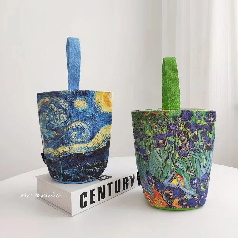 Van Gogh Oil Painting Bucket Bag Literary Portable Handbag Cup Bag Vintage Tote Canvas Bag for Girls