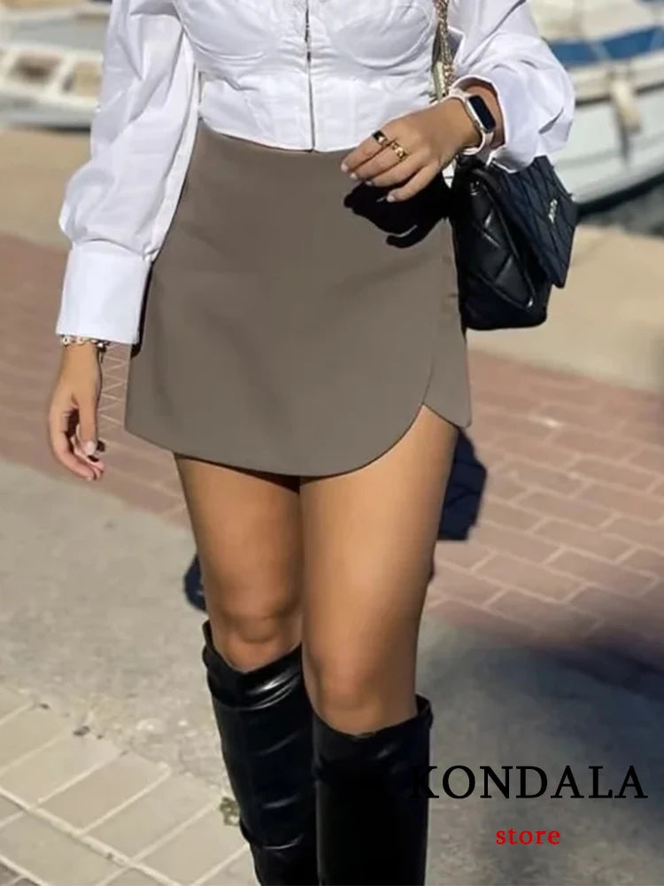 KONDALA Women Fashion 2025 Casual Mini Asymmetrical Skirts Shorts High Waist Back Pockets Wide Leg Skirts Zipper Female Shorts