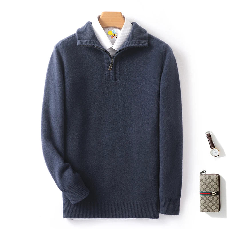 Autumn and Winter New Men's 100% Merino Wool Sweater Casual Knitted Business Half Zip Pullover Thickened Warm Long Sleeve Sweate
