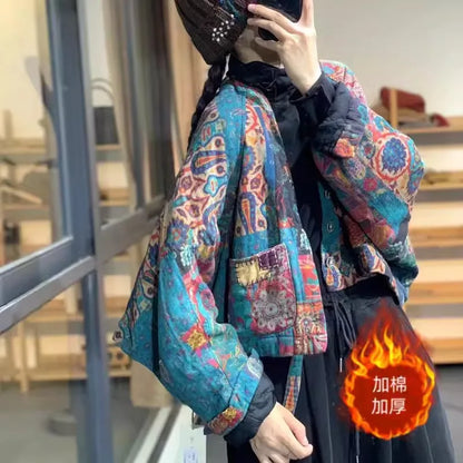 2026 Spring & Autumn Fashion Ethnic Retro Printed Cotton Jacket Women's Loose Bat Sleeves Quilted Short Coat V-Neck Top K2312