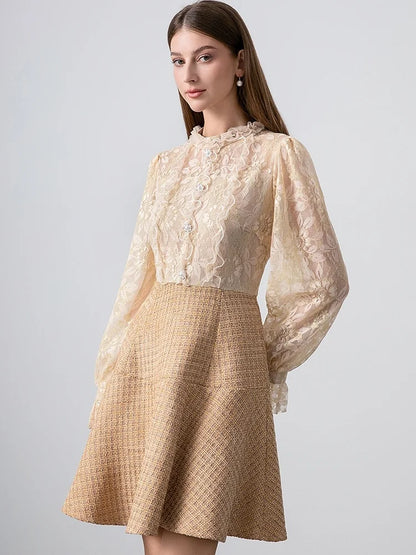SMTHMA High-End Boutique Lace Splicing Fake Two Small Fragrant Tweed Dress Women's Luxury Beaded Winter Woolen Dresses