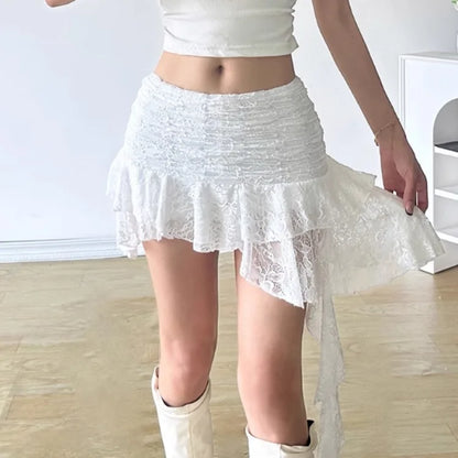 Bohemian Lace Irregular White Skirts Sexy Low-waist Ribbon Skirt for Women 2026 Summer New All-match Ruched Faldas Mujer