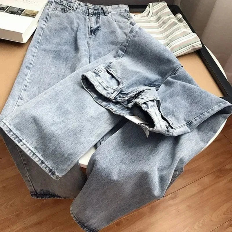Women's Straight High Waist Jeans Korean Fashion Streetwear Baggy Wide-leg Casual White Denim Pants New Wash Vintage Vaqueros