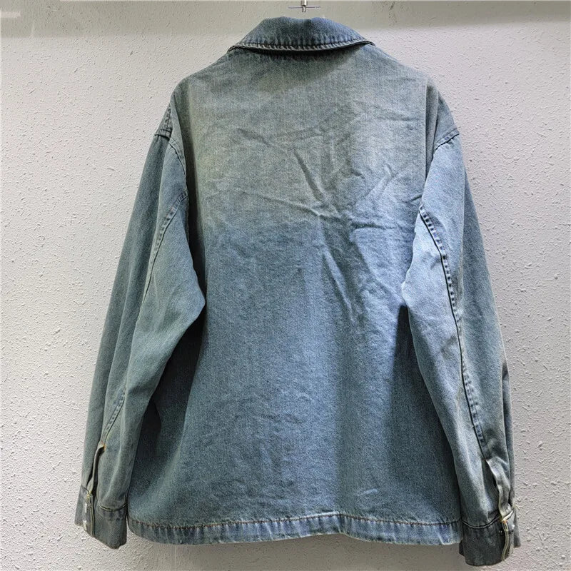 DEAT Women's Denim Coat Patchwork Red Bow Washed Blue Design Female Single Breasted Jackets 2026 Summer New Fashion 29L9359