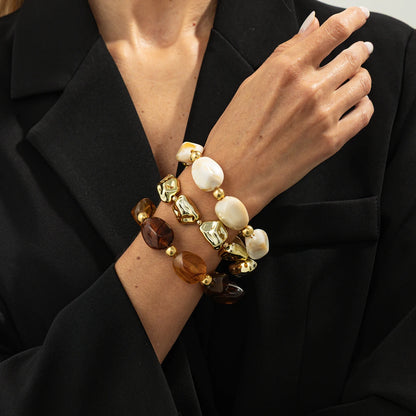 SHIXIN 3Pcs/Set Vintage Resin Acrylic Beaded Bracelets for Women Trendy Irregular Stackable Elastic Bangle Party Jewelry Gift