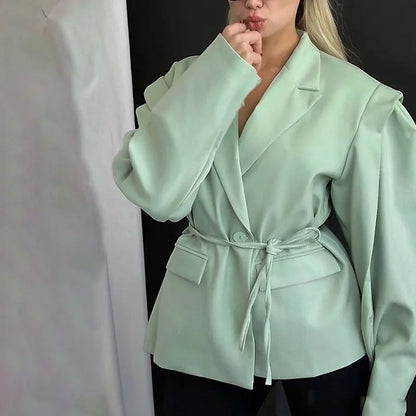 Temperament Commuter Women's Suit Coat 2025 Spring Autumn New Casual Solid Color Fashion Waist Strap Shoulder Cushion Suit Coat