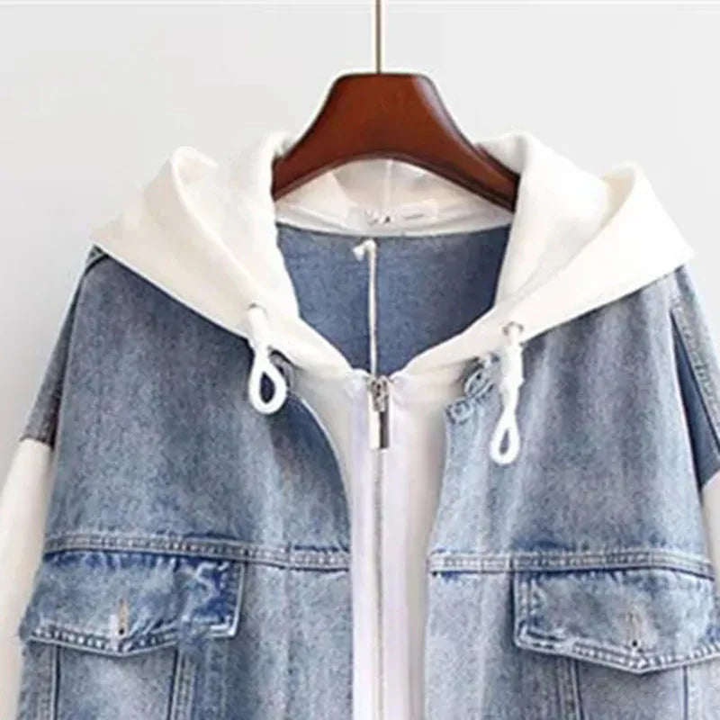 2025 Spring Autumn New Fake Two Piece Denim Jacket Women Loose Splicing Cardigan Hooded Baseball Coat Female Casual Ladies Tops