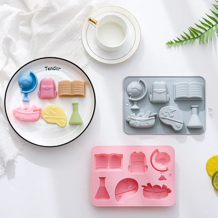 6 Holes, 6 Different School Supplies, Theme Modeling, Silicone Mold, Cake Mold, Ice Cube, Chocolate Mold  Cake Decorating Tools