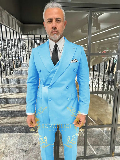 Black Men's Suit 2 Piece Double Breasted Jacket Pants Formal Wedding Groom Tuxedo Peaked Lapel Blazer Customized Men's Suit