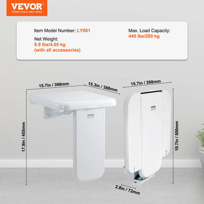 SucceBuy Folding ABS Shower Seat 15.7'' x 16.7'' Unfolded Wall Mounted Fold Up Shower Bench 440 lbs Load Capacity Shower Chair
