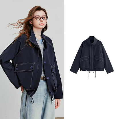 TOYOUTH Women Jacket Coat 2025 Autumn New Barn Style Workwear Large Pocket Stand up Collar Single Breaste Button Outwear Coat