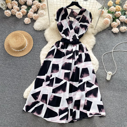 2026 Summer Bohemian Wommen Print Midi Dress Vintage V-Neck Sleeveless High Waist A-Line Plain Vestido Female New Casual Robe