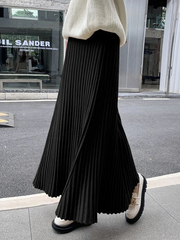Autumn Winter Women's Long Skirt High Waist Knitted A-line Pleated Skirt Ladies Elegant Solid Gray Loose Casual Skirts for Women