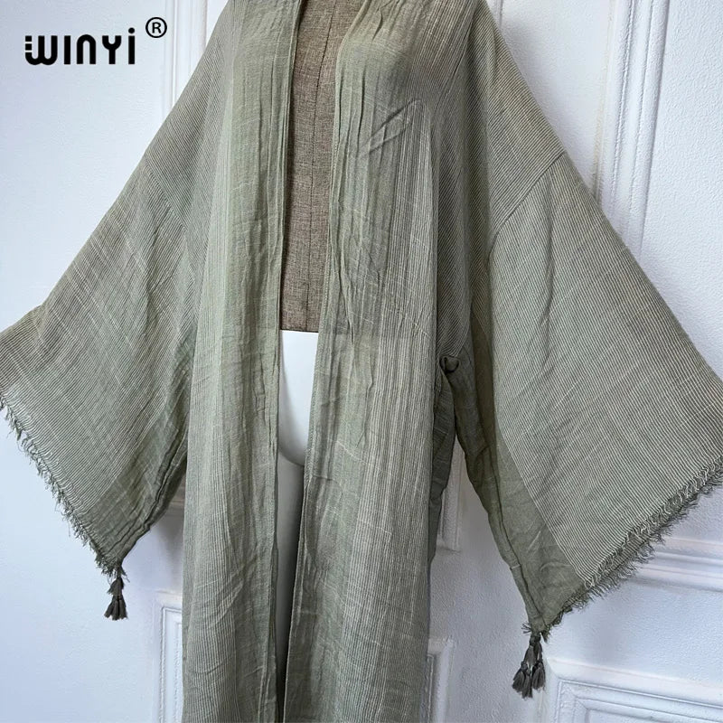 WINYI kimono Make an old fringed cardigan abaya dubai luxury Elegant beach outfits for women sexy cotton feeling dress kaftan