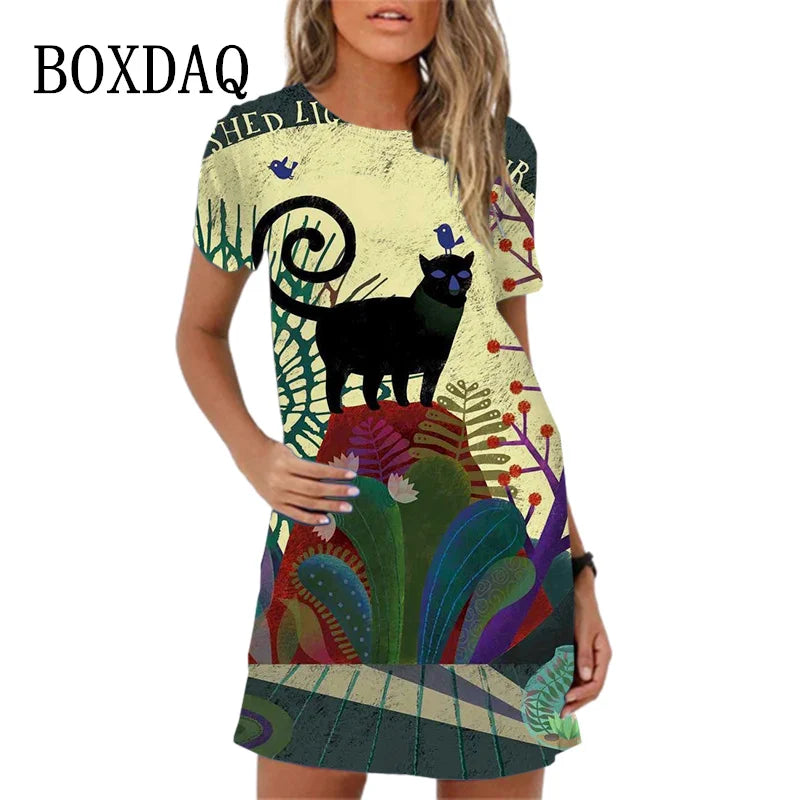 Sweet Cute 3D Print Women Dresses 2023 New Summer Short Sleeve Peacock Pattern Loose A-Line Dress Loose Casual Beach Party Dress