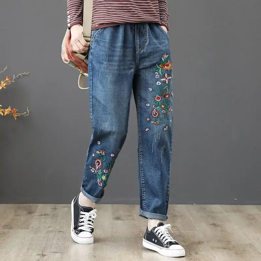 Spring New Embroidery Jeans Women Clothing Elastic Streetwear Loose Denim Pants Vintage High Waisted Baggy Mom Jeans Q5759