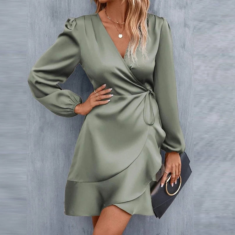 Fashion Women Satin Mini Dress Boho Vintage V Neck Button Shirt Dresses For Women Casual Office Dress 2023