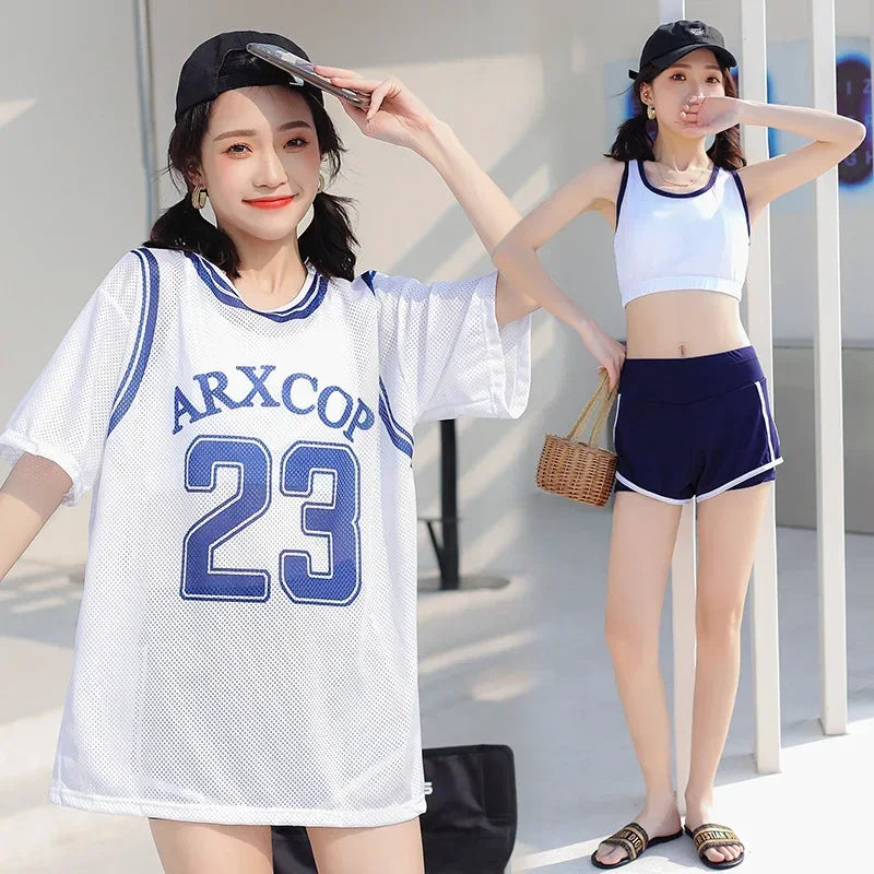 Swimsuit Women Split 3 Piece Set Korean Cartoon Print Cover Up Sport Boxer Shorts Tank Top Mesh Jersey Sun-proof Beach Swimwear