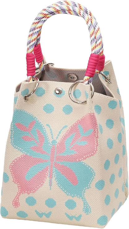 Mini Knitted Bucket Bag Women Small Handbag Geometric Colorblock Wristlet Purse With Detachable Handle