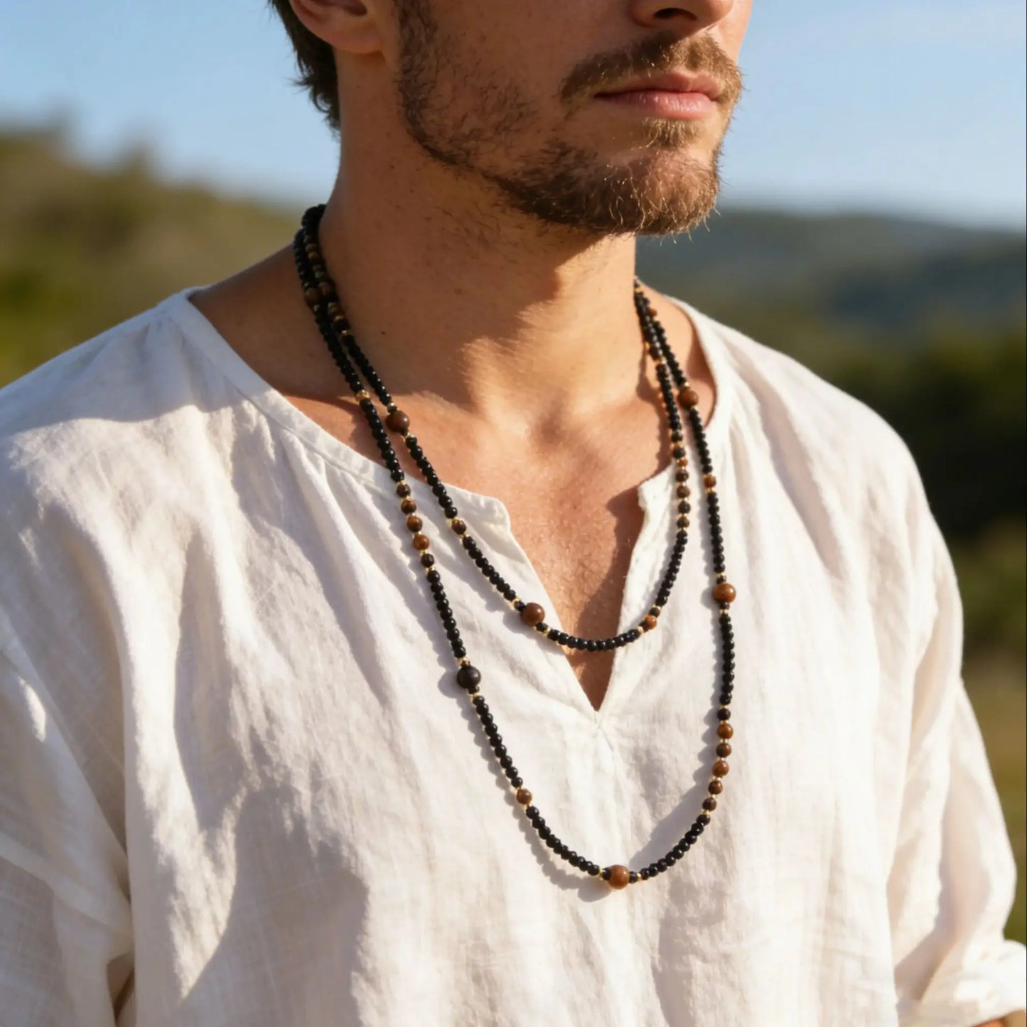 Black Agate Natural Stone Tiger Eye Beads Chain Necklace for Men, Retro Long Sweater Chain Necklace, Fashion Boho Jewelry Gift