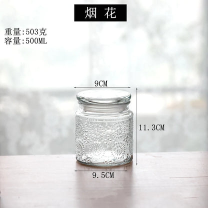Retro Transparent Glass Sealed Jar Glass Lid Storage Jar Begonia Flower Glass Bottle Candy Storage Jar Kitchen Storage Supplies