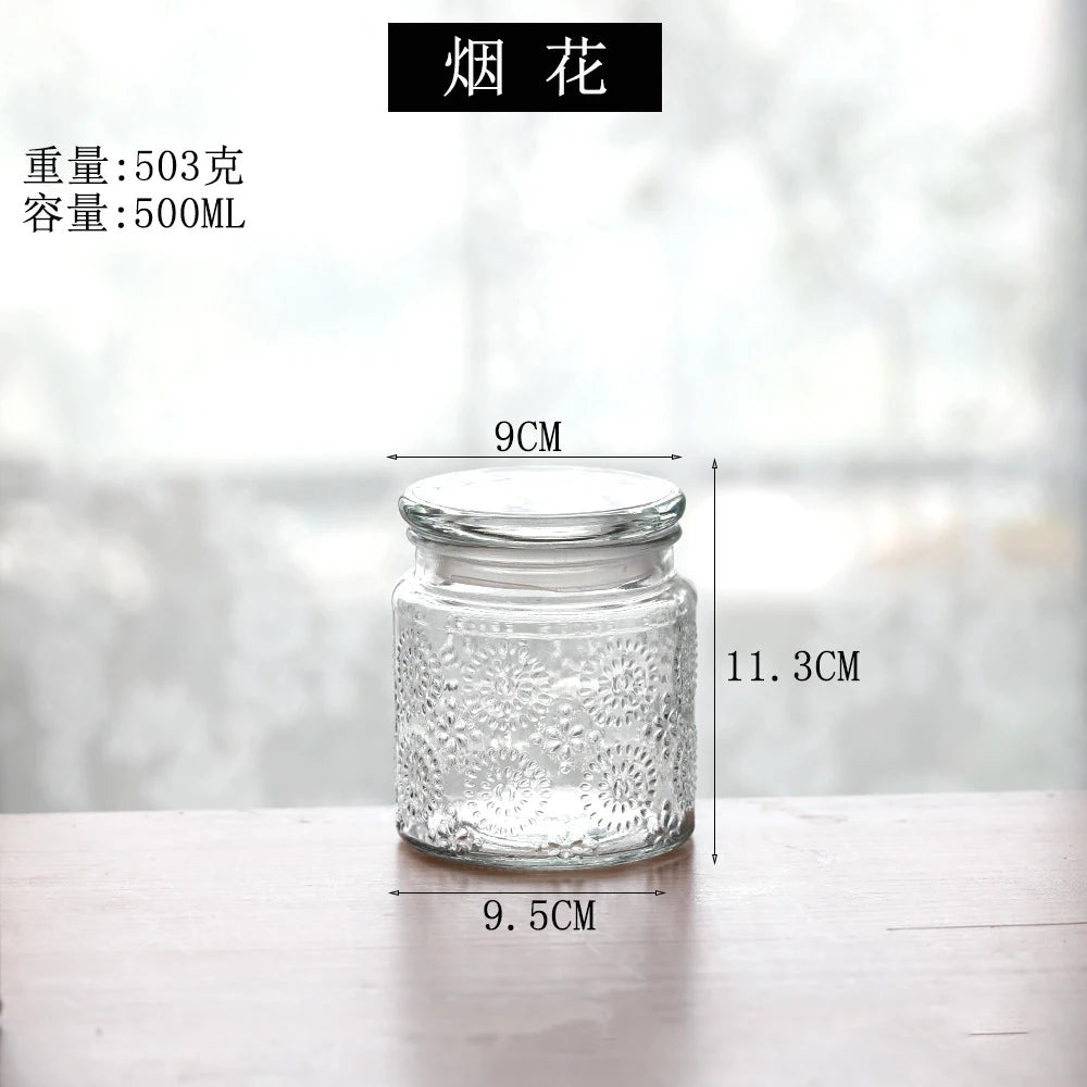 Retro Transparent Glass Sealed Jar Glass Lid Storage Jar Begonia Flower Glass Bottle Candy Storage Jar Kitchen Storage Supplies