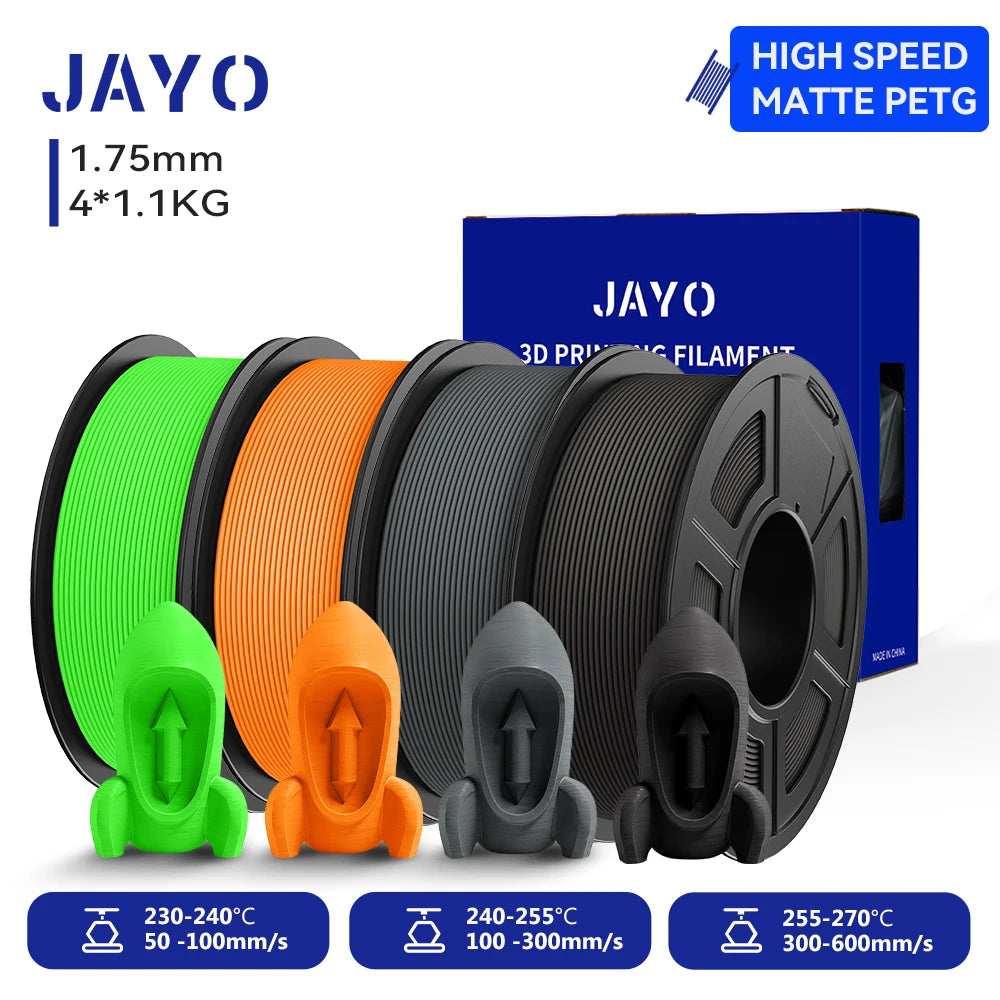 JAYO 4Rolls 3D High Speed Matte PETG 3D Filament 1.75mm 30mm/s - 600mm/s Print Range High Flow Speedy PETG 3D Printer Filament