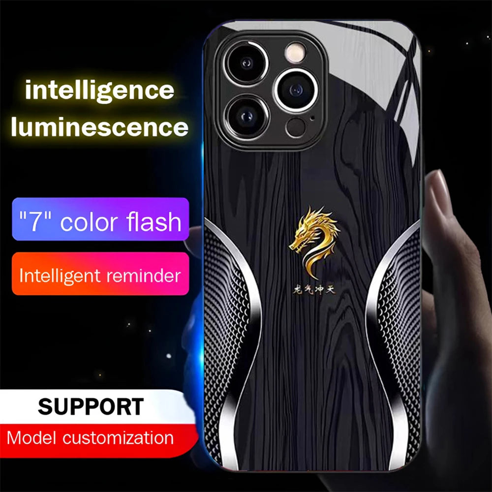 Wood Grain Dragon Emblem Sound Control LED Flash Cases Luminous Glass Cover For XiaoMi 15 14 13 12 11 Pro Ultra
