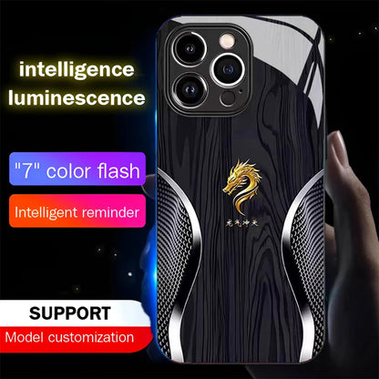 Wood Grain Dragon Emblem Sound Control LED Flash Cases Luminous Glass Cover For XiaoMi 15 14 13 12 11 Pro Ultra