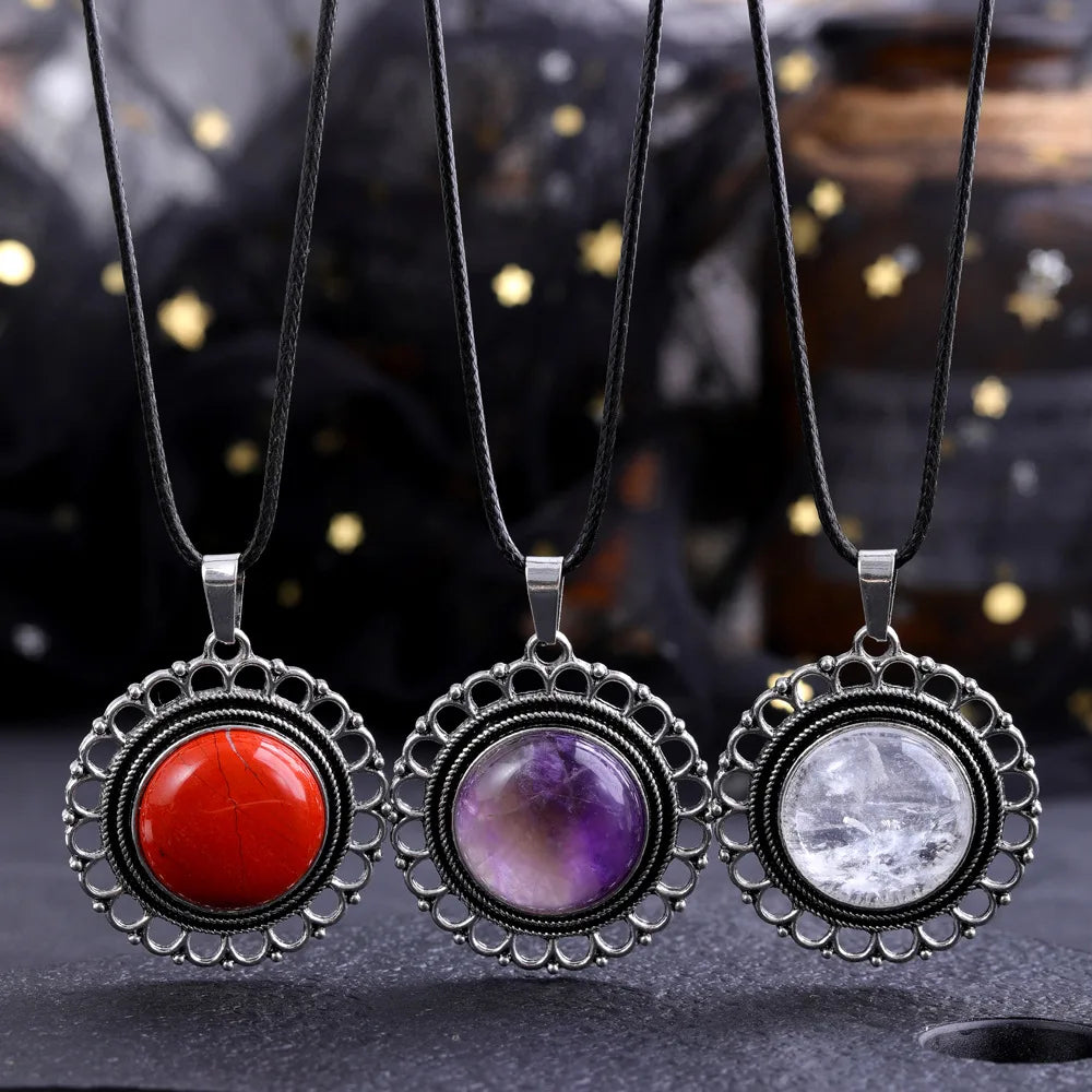 Lace Agate Necklace Vintage Style Round Pendant Necklace Handmade Necklace Gemstone Necklace Crystal Stone Necklace for Women