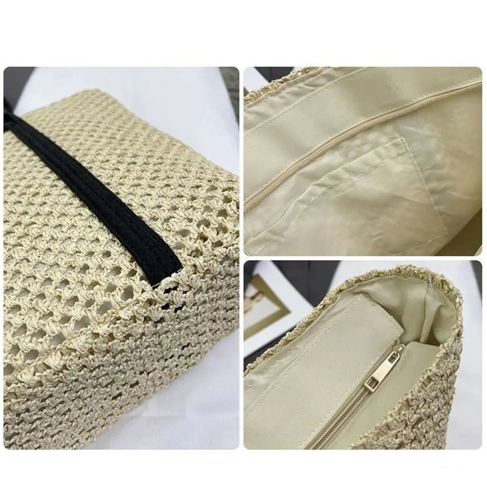 Handmade Straw Woven Bags Large Capacity Zipper Closure Shopping Tote Bag Top-Handle Portable Beach Handbags Travel