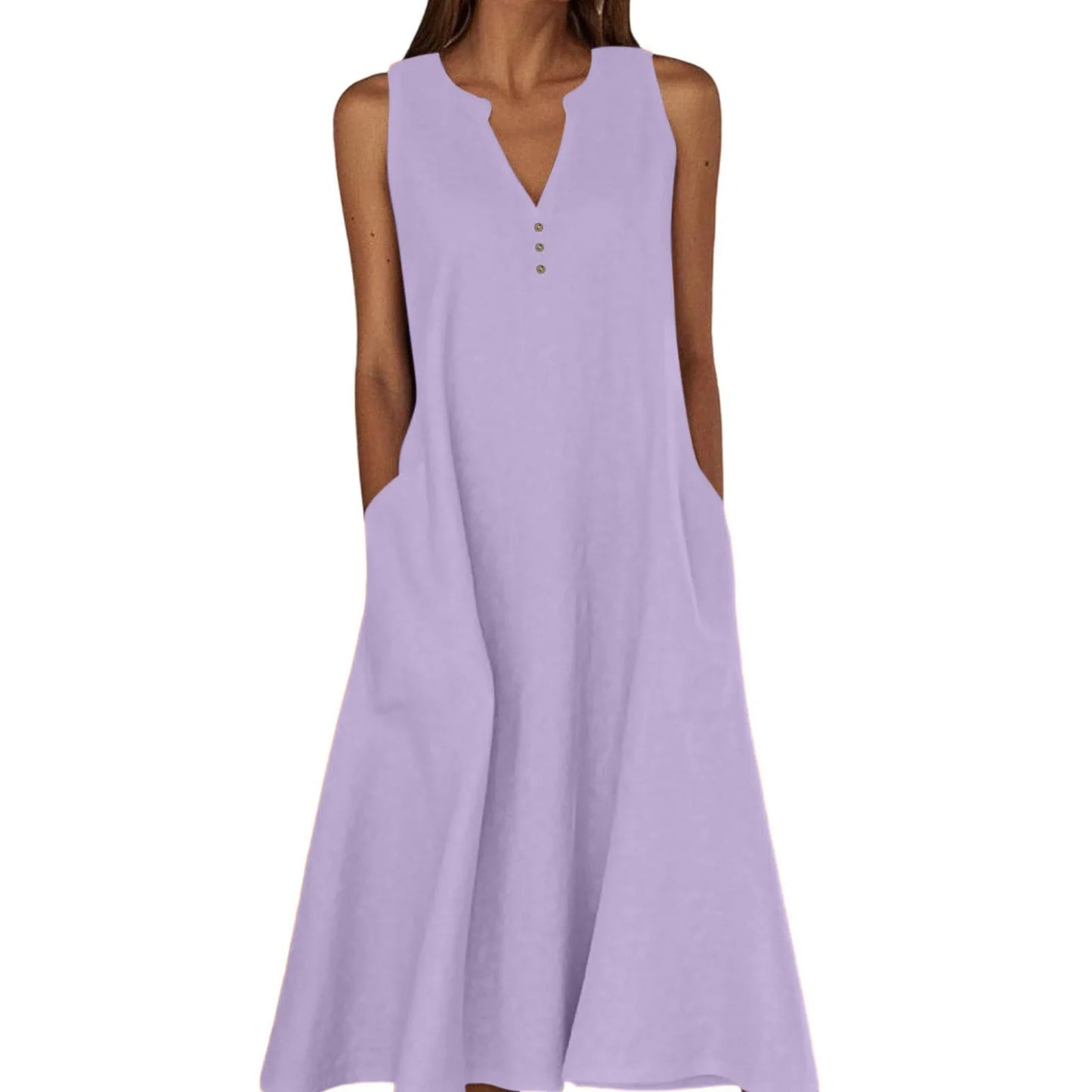Women's Summer Casual V-neck Button Solid Color Sleeveless Long Dress With Pockets Female Elegant Trendy Casual Loose Dresses