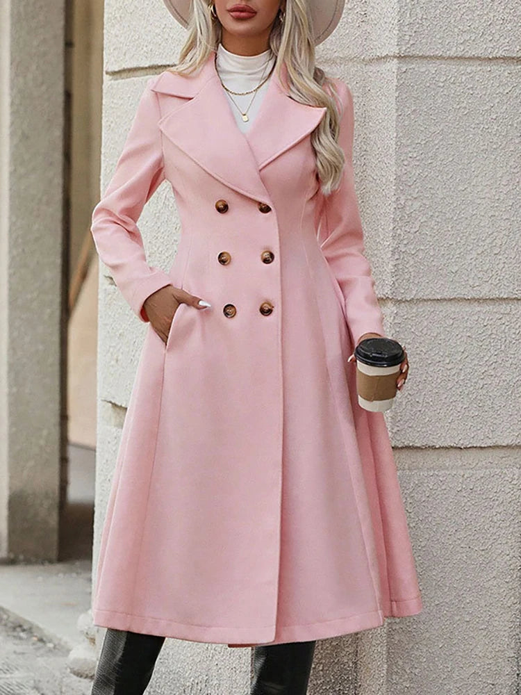 JULISSA MO Turn-down Collar A-line Women Coat Pink Long Sleeve Double Breasted Coat Female Winter Slim Fashion Streetwear 2024