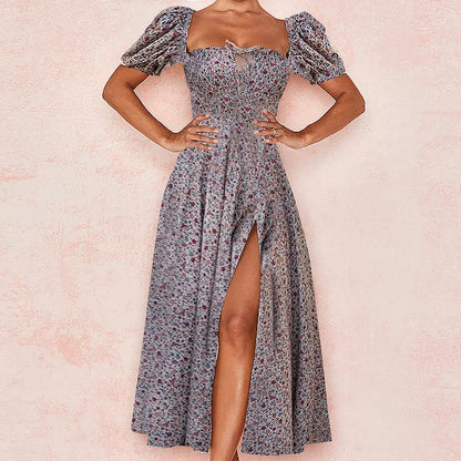 Skinny floral prints Dresses for Summer Women's Dress Square Neck Short Bubble Sleeves High Waist Lace-up Maxi Split Dress