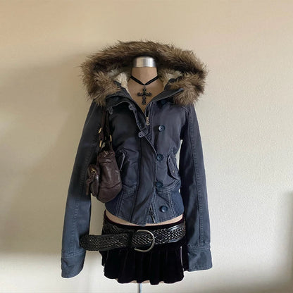 Vintage Popular New Fashion Fur Collar Jacket Female Street Hip Hop Casual Joker Loose Padded Velvet Cotton-padded Jacket Coats