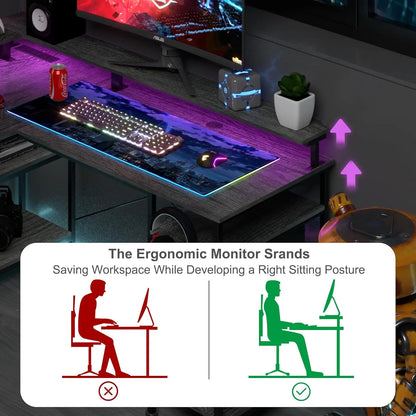 Ergonomic RGB Gaming desk with Monitor Stand Power Connecting USB Ports Cable Management