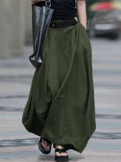 Autumn Women's Vintage Simple Skirt Summer Fashion Loose Solid Cotton Linen High Waist Casual Beach A-line Maxi Skirts Female