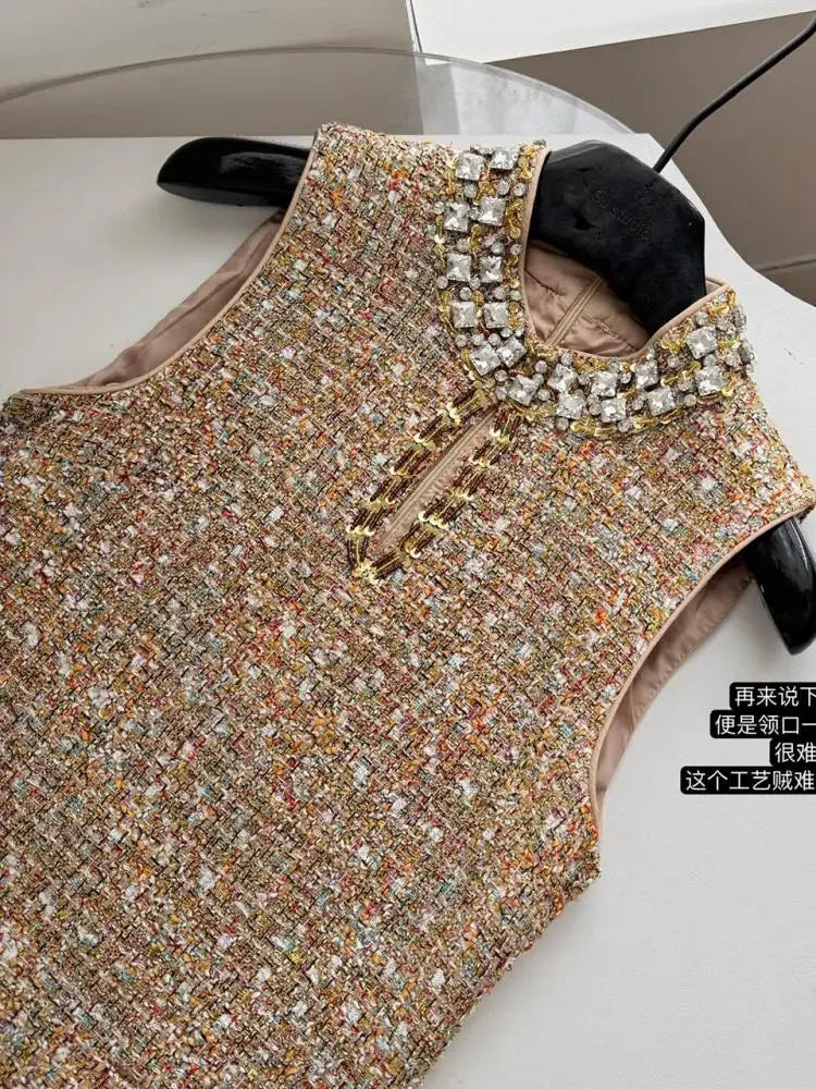 Retro 2024 Autumn Winter New Brown Diamond Woolen Sleeveless Mini Dress Women Round Neck Elegant Short Tweed Dress Popular Trend