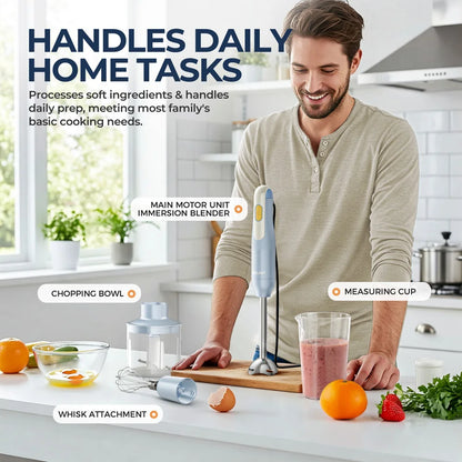 4-in-1 Handheld Stick Blender Set, Immersion Hand Blender with Stainless Steel Blades for Kitchen Food Mixing, Light Blue Novice