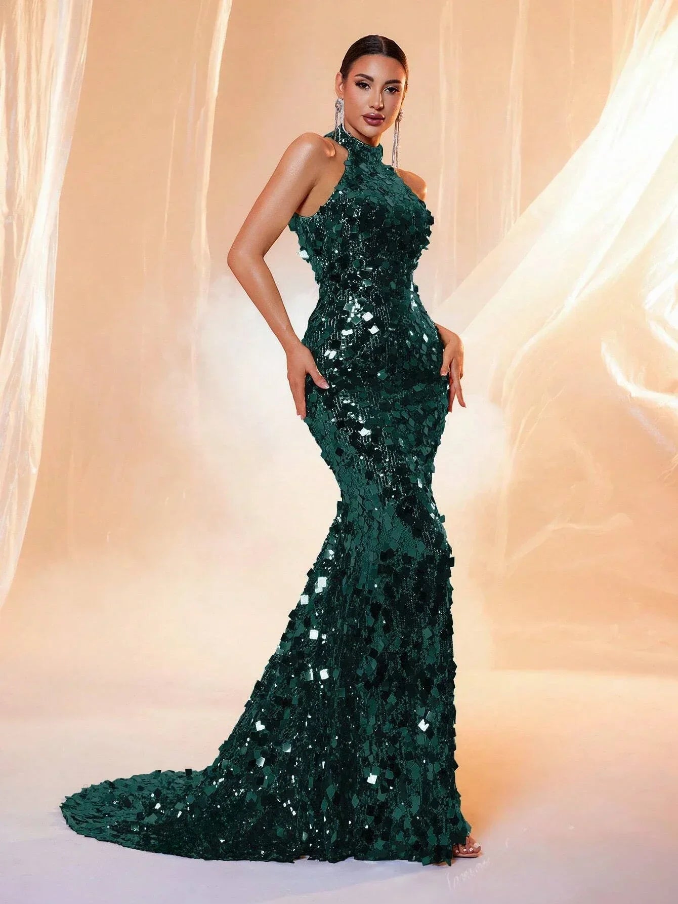 LOVE&LEMONADE Backless Sequins Halter Neck Evening Elegant Formal Prom Gown Wedding Guest Dinner Maxi Dress for Women LM86444