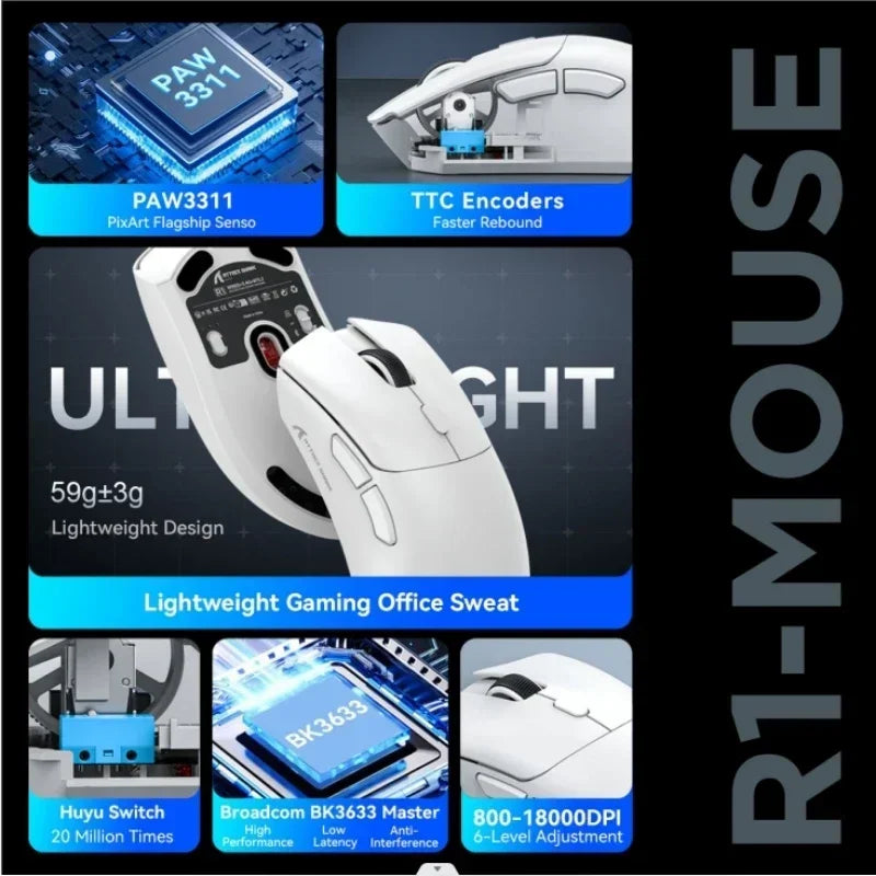 Attack Shark 18000DPI Wireless Mouse, 1000Hz,PAW3311,Bluetooth Tri-mode Connection, R1 Macro Gaming Mouse