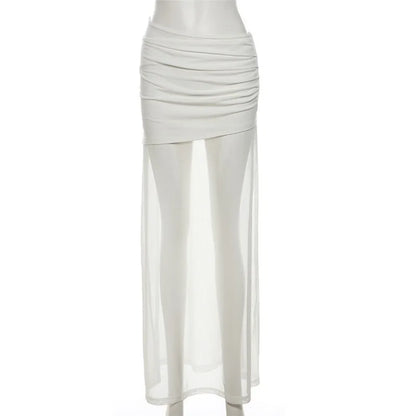 Sylcue Mesh Patchwork Long Skirts Women 2025 New Trend Ruched Elastic Waist Street Fashion Versatile Y2K Style Elegant Bottoms