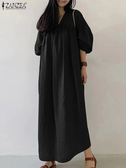 2025 ZANZEA Autumn Maxi Long Dress Women Solid Loose Sundress Pleated Vestidos Fashion Causal Puff Sleeve Holiday Robe Kaftan